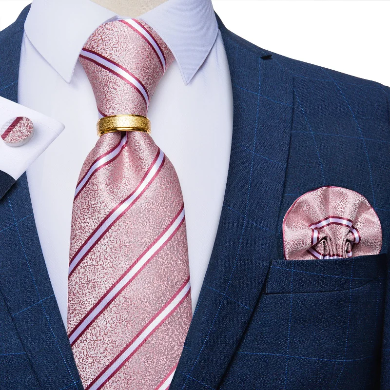 High-quality men's tie-4PCS Pink White Stripe Silk Men's Tie Pocket Square Cufflinks with Tie Ring Set