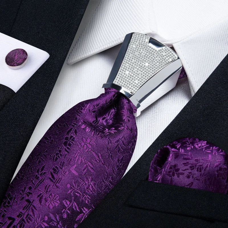 Men's tie with bold geometric design-4PCS Purple Floral Men's Tie Handkerchief Cufflinks Accessory Set