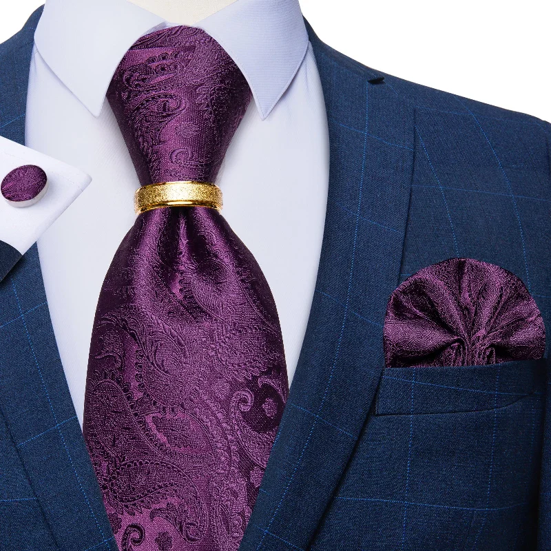 Men's vibrant silk tie-4PCS Purple Paisley Men's Silk Tie Pocket Square Cufflinks with Tie Ring Set