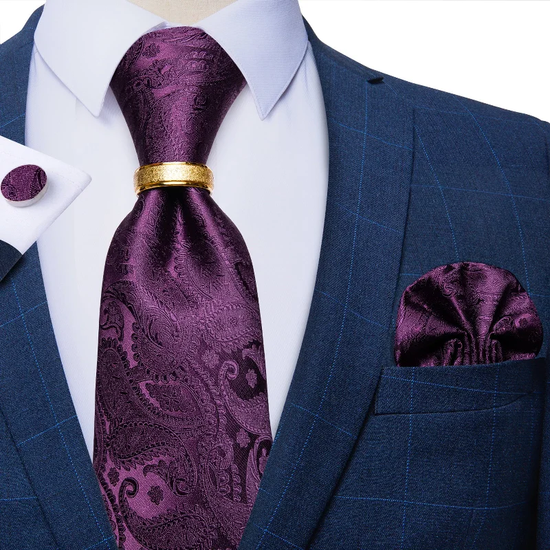 Men's tie with abstract pattern-4PCS Purple Paisley Silk Men's Tie Pocket Square Cufflinks with Tie Ring Set