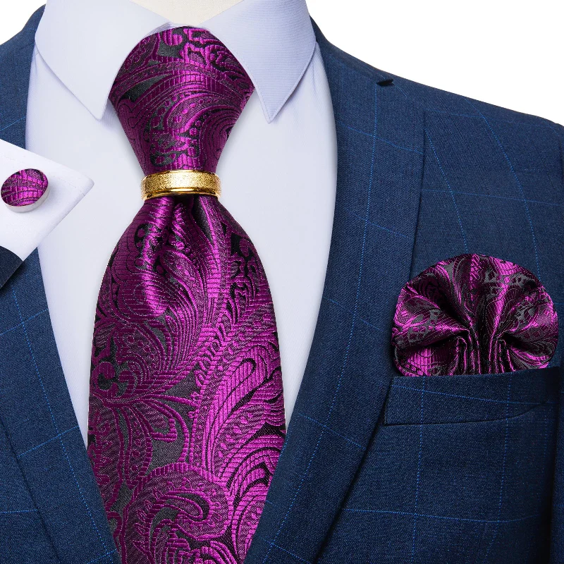 Men's tie for evening events-4PCS Purple Red Floral Silk Men's Tie Pocket Square Cufflinks with Tie Ring Set