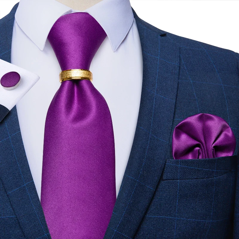 Men's tie with light blue color-4PCS Purple Solid Silk Men's Tie Pocket Square Cufflinks with Tie Ring Set