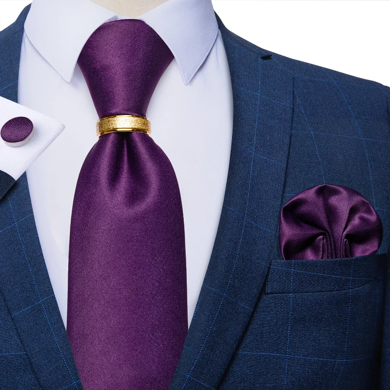 Men's tie for corporate meetings-4PCS Purple Solid Silk Men's Tie Pocket Square Cufflinks with Tie Ring Set