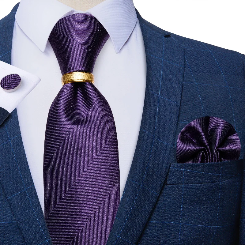 Cool design men's tie-4PCS Purple Stripe Silk Men's Tie Pocket Square Cufflinks with Tie Ring Set