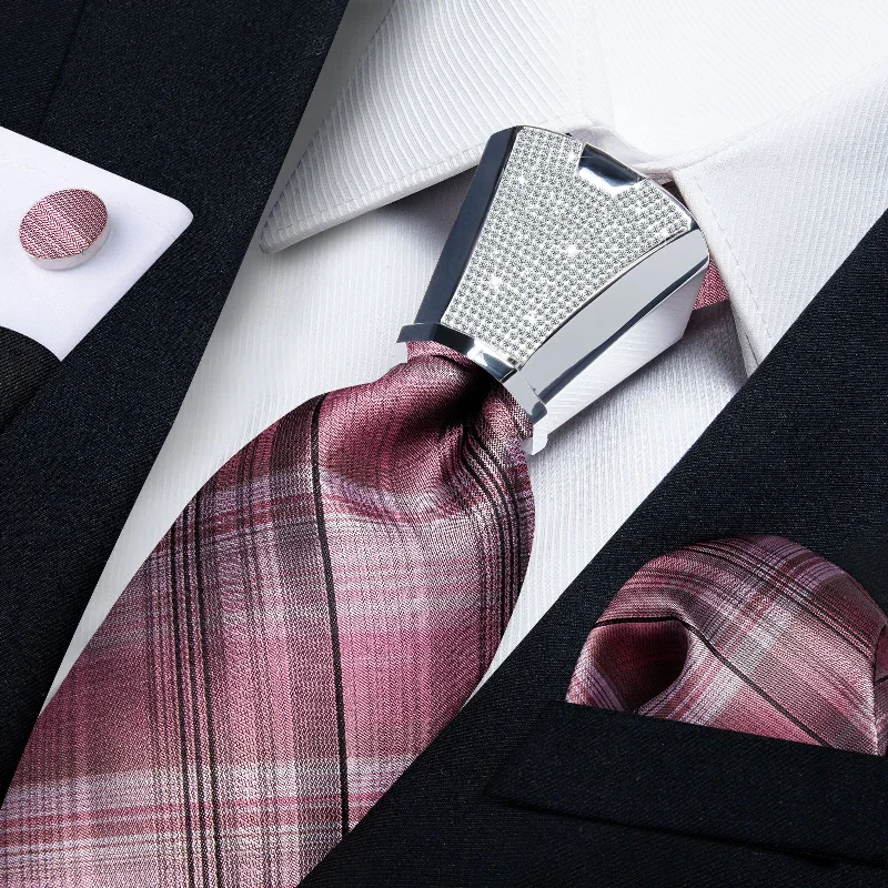 Men's tie with a subtle design-4PCS Red Stripe Men's Tie Handkerchief Cufflinks Accessory Set