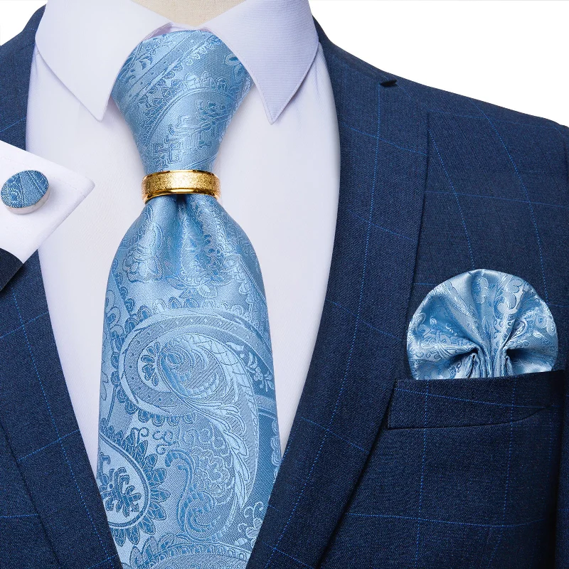 Men's patterned tie-4PCS Teal Floral Silk Men's Tie Pocket Square Cufflinks with Tie Ring Set