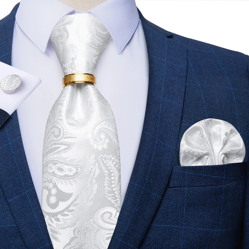 Men's tie with paisley pattern-4PCS White Floral Silk Men's Tie Pocket Square Cufflinks with Tie Ring Set