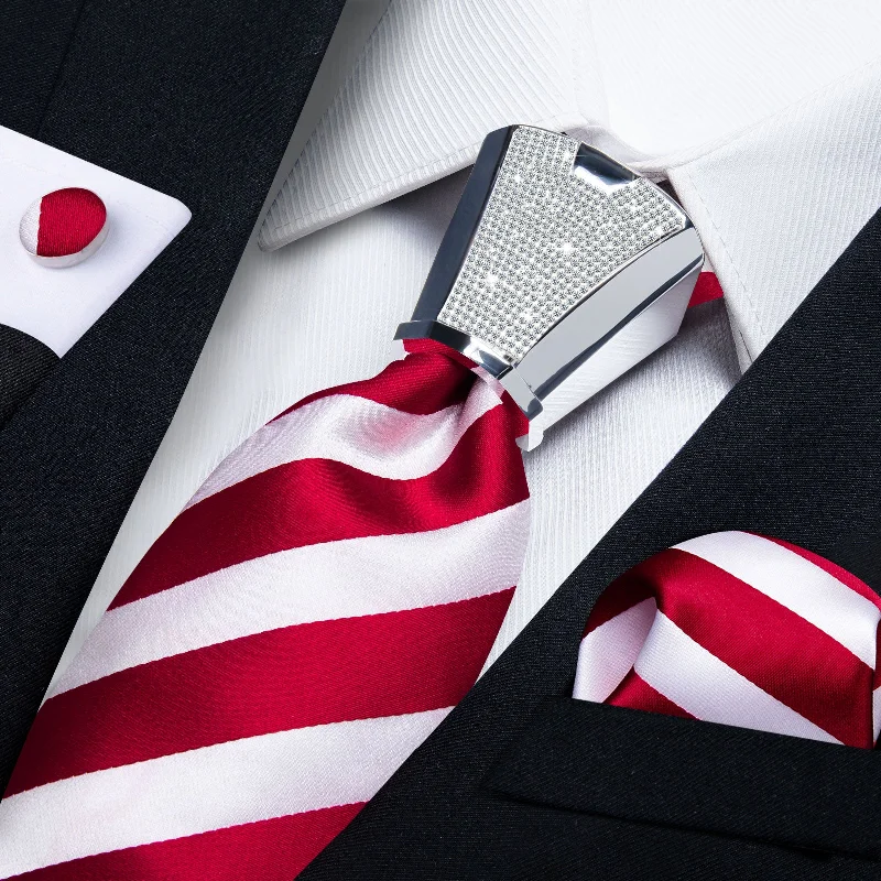 Men's modern necktie for business-4PCS White Red Stripe Men's Tie Handkerchief Cufflinks Accessory Set