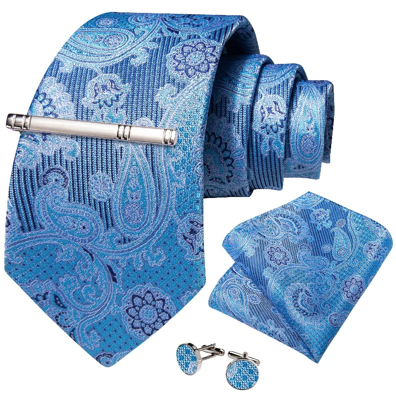 Best men's tie with stripes-Azure Floral Men's Tie Handkerchief Cufflinks Clip Set