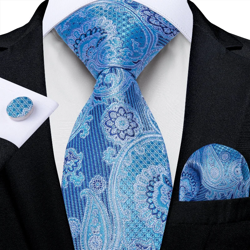 Men's tie for anniversary gift-Azure Floral Men's Tie Handkerchief Cufflinks Set