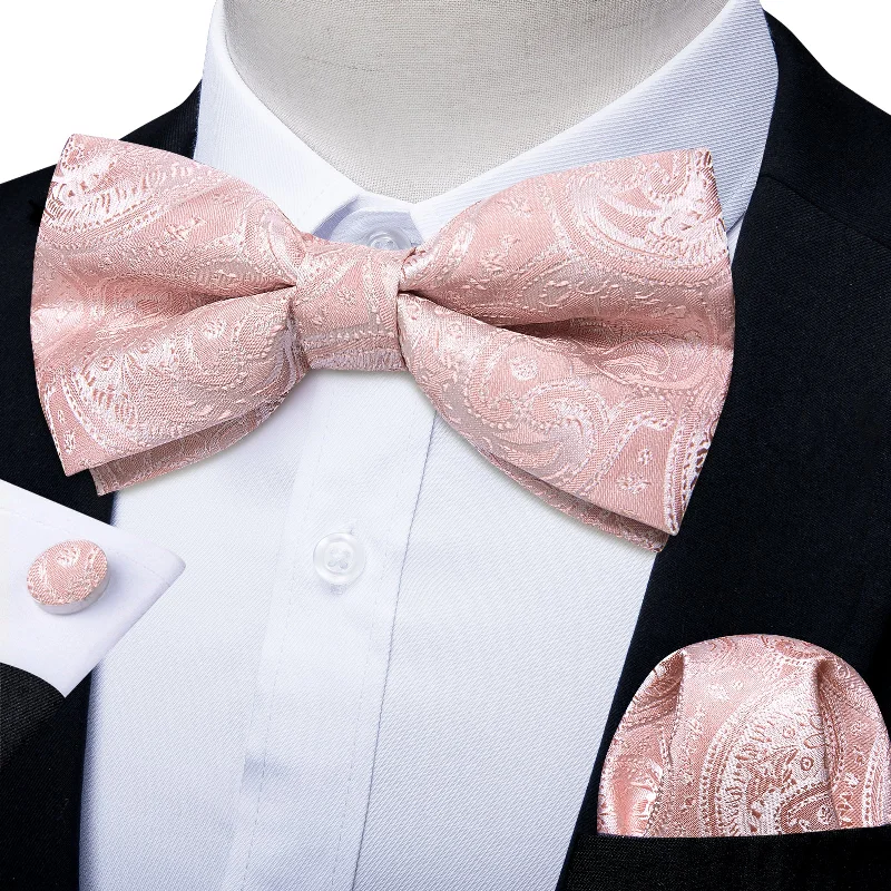 Men's silk tie for wedding season-Baby Pink Silk Bowtie Pocket Square Cufflinks Set