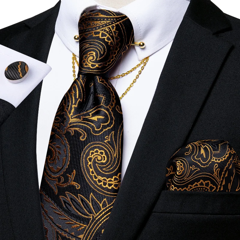 Men's tie with minimalistic pattern-Beautiful Black Golden Paisley Tie Pocket Square Cufflinks Set with Collar Pin