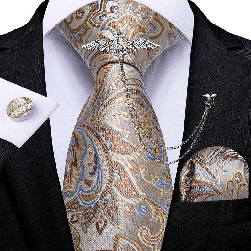 Men's necktie for evening attire-Beige Brown Floral Tie Handkerchief Cufflinks Set With Wing Lapel Pin Set