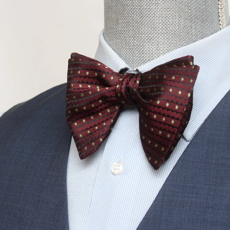 Men's tie for business casual-Big Butterfly Maroon Striped Green Polka Dot Silk Bow Tie