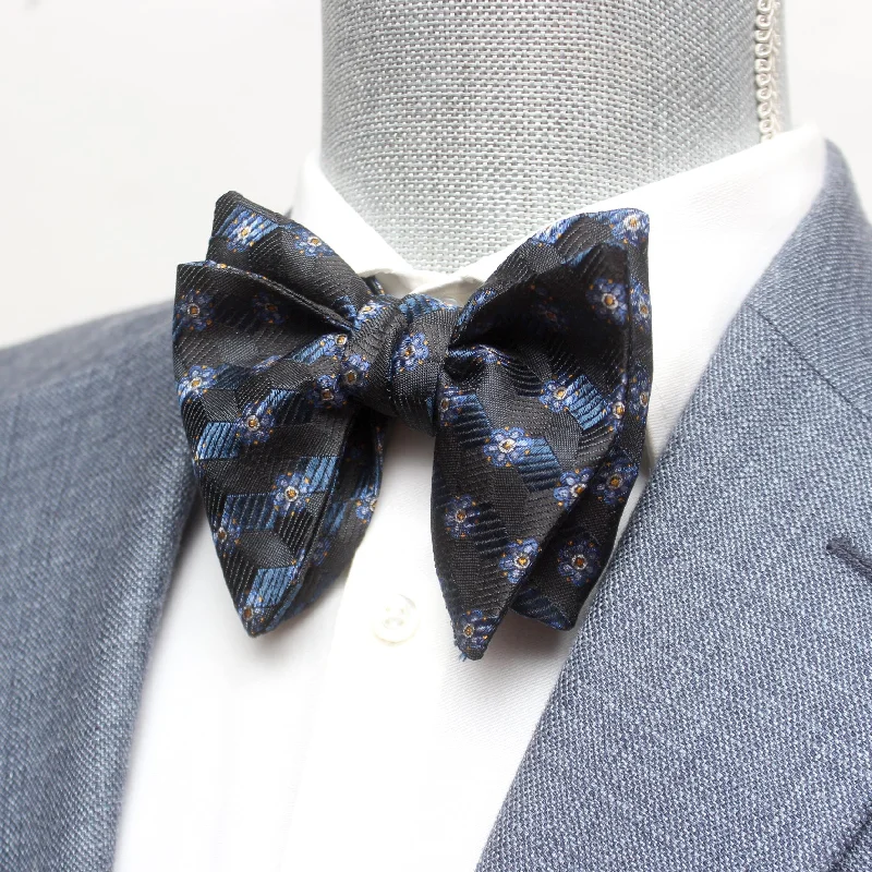 Men's tie with floral design-Big Butterfly Blue Black Silk Bow Tie