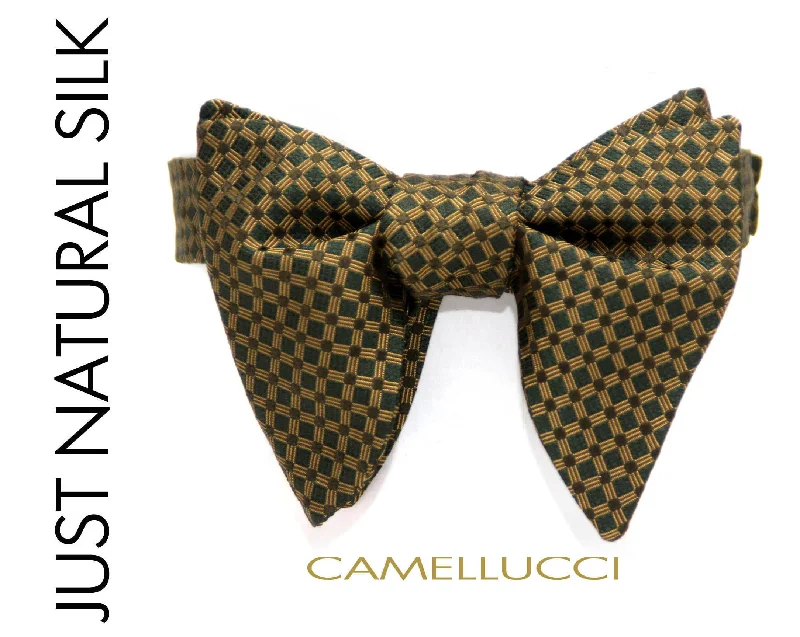 Custom men's necktie-Big Butterfly Gold Emerald Green Silk Self tied Bow Tie