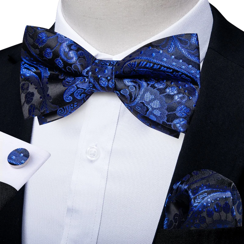 Men's tie for anniversary gift-Black Blue Floral Men's Pre-Bowtie Square Handkerchief Cufflinks Set