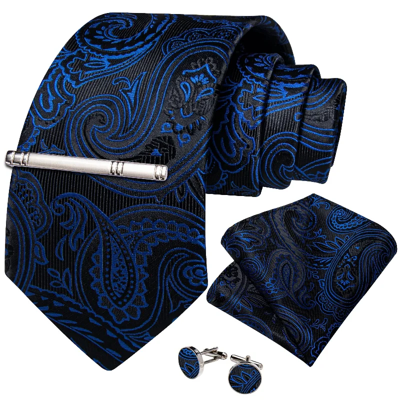 Men's tie with a subtle design-Black Blue Floral Men's Tie Handkerchief Cufflinks Clip Set