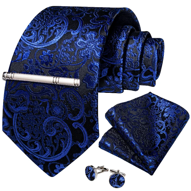 Men's tie with delicate stripes-Black Blue Floral Men's Tie Handkerchief Cufflinks Clip Set