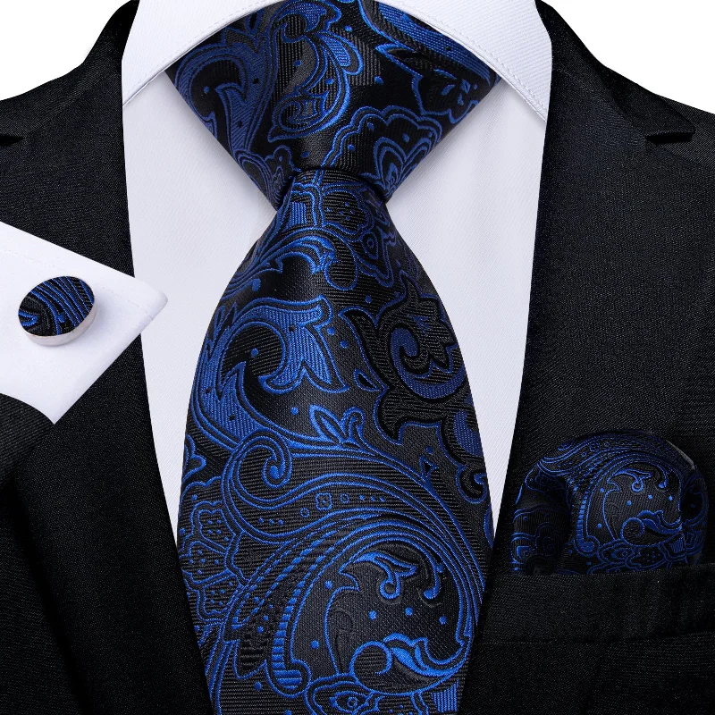 Men's high-quality silk necktie-Black Blue Floral Men's Tie Handkerchief Cufflinks Set