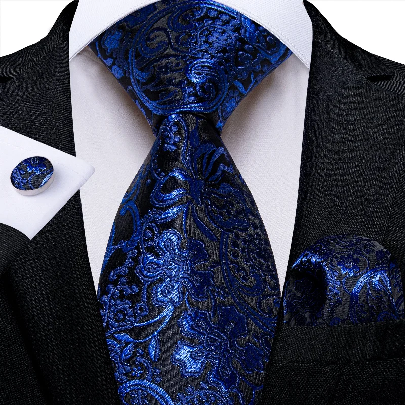 Men's tie for casual gatherings-Black Blue Floral Men's Tie Pocket Square Cufflinks Set