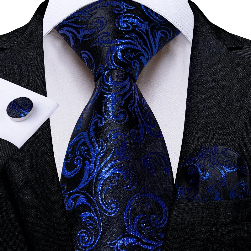 Men's necktie for fashion events-Black Blue Floral Men's Tie Pocket Square Handkerchief Set