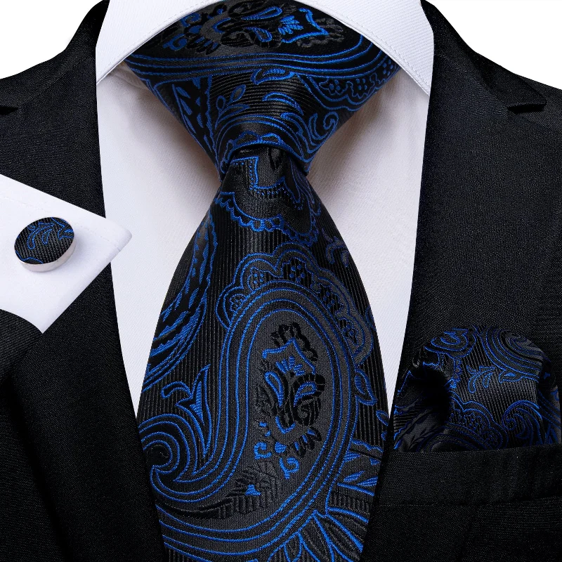 Men's tie for business-Black Blue Floral Men's Tie Pocket Square Handkerchief Set