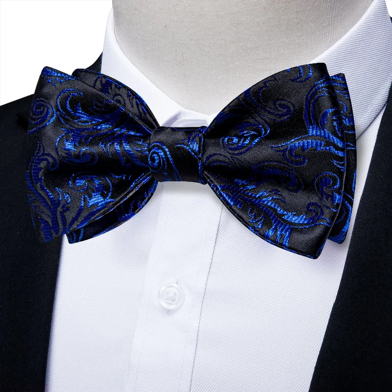 Men's designer silk tie-Black Blue Floral Self-Bowtie Pocket Square Cufflinks Set