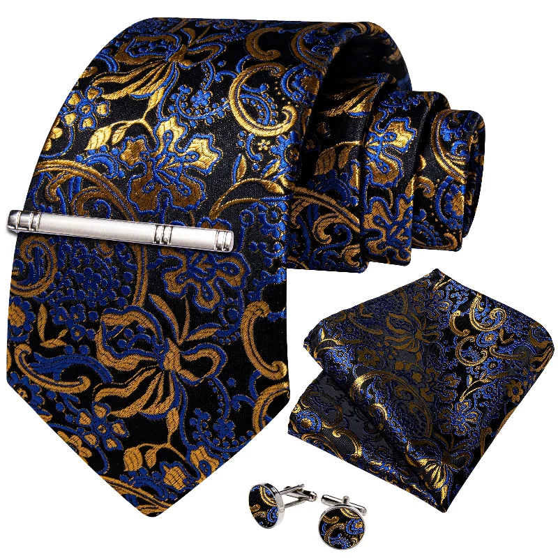 Unique men's tie for wedding-Black Blue Golden Floral Men's Tie Handkerchief Cufflinks Clip Set