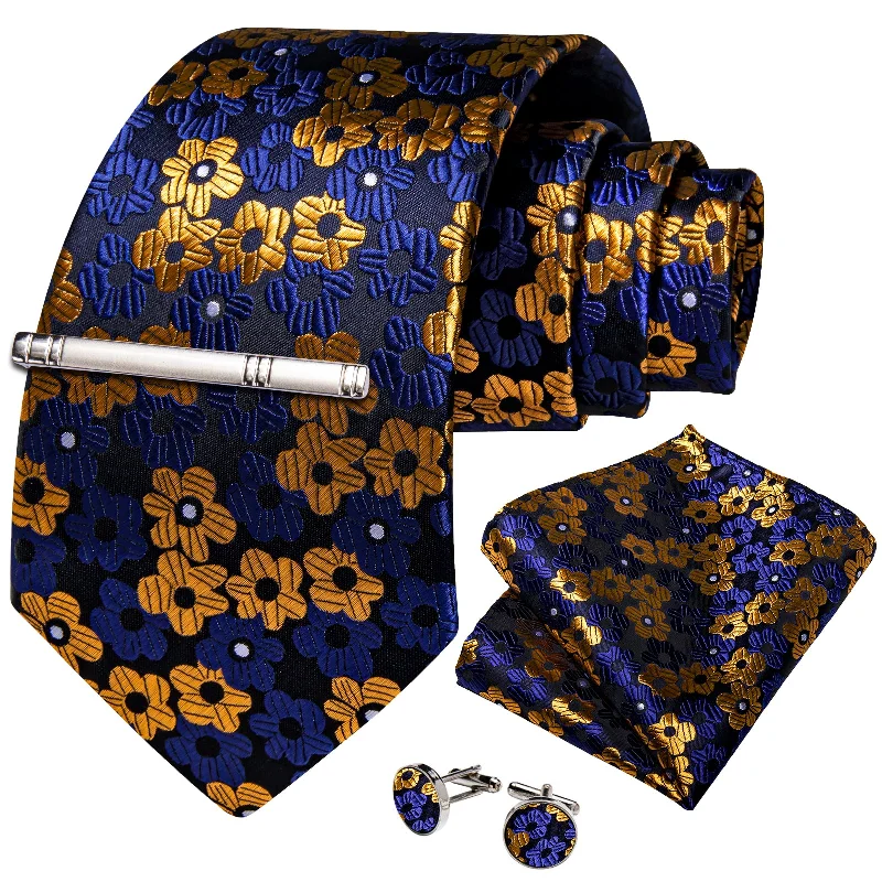 Men's tie with a rich texture-Black Blue Golden Floral Men's Tie Handkerchief Cufflinks Clip Set