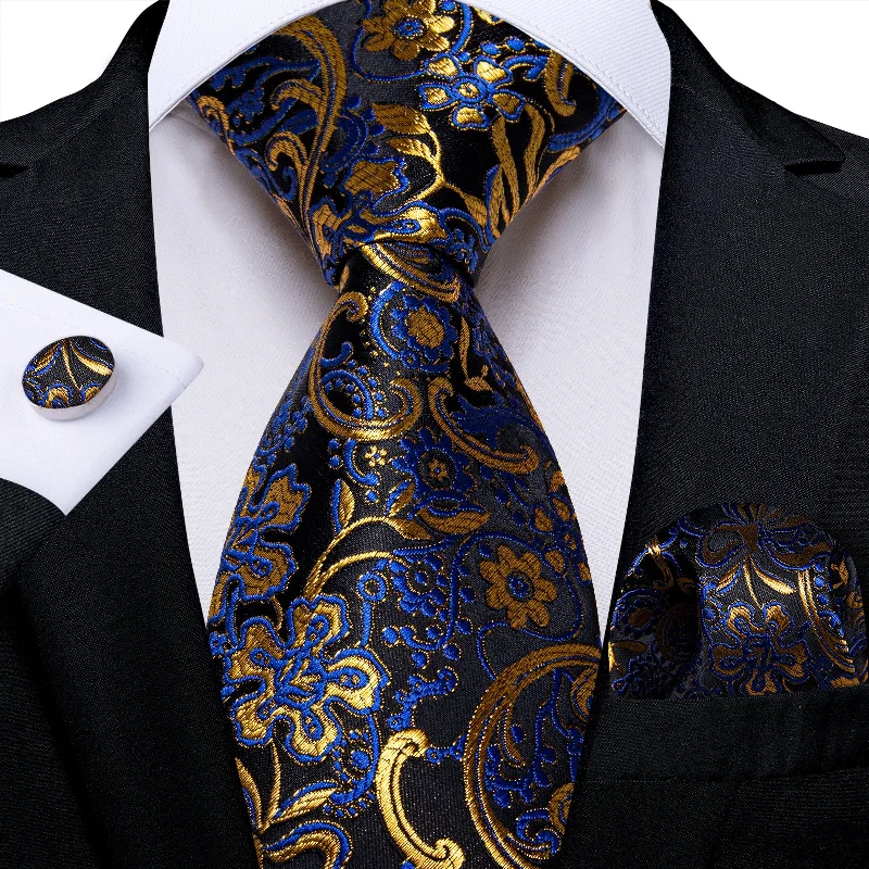 Affordable men's silk tie for events-Black Blue Golden Floral Men's Tie Pocket Square Cufflinks Set