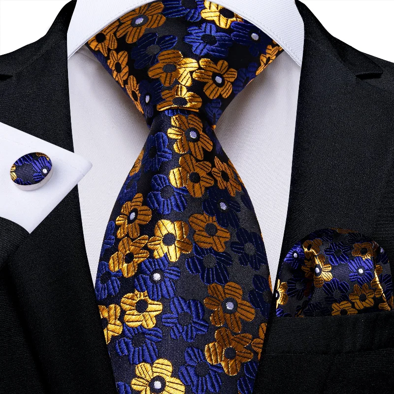 Elegant men's necktie for business events-Black Blue Golden Floral Men's Tie Pocket Square Cufflinks Set