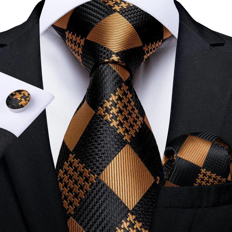 Men's tie for winter wedding-Black Brown Plaid Tie Handkerchief Cufflinks Set