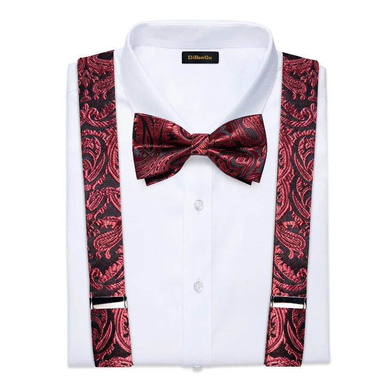 High-quality silk necktie for men-Black Claret Floral Brace Clip-on Men's Suspender with Bow Tie Set