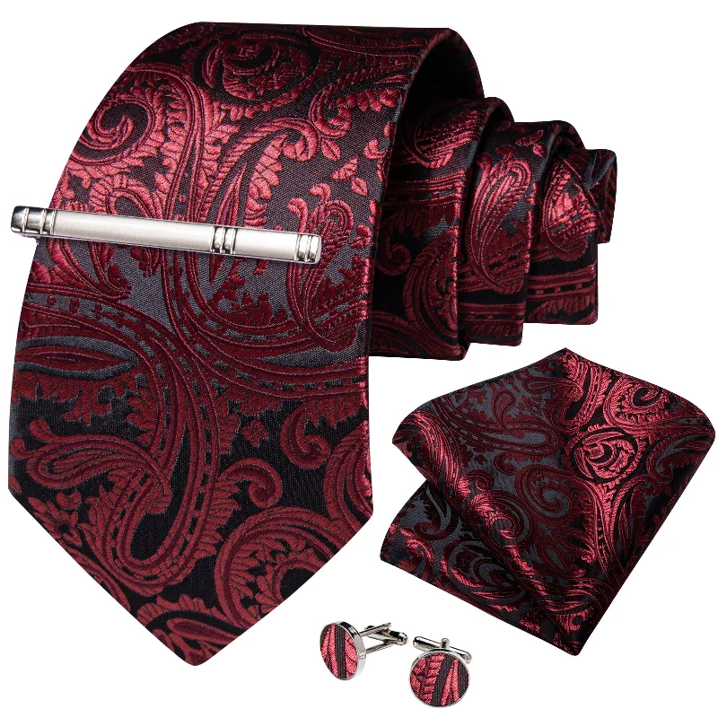 Men's tie for luxury events-Black Claret Floral Men's Tie Handkerchief Cufflinks Clip Set