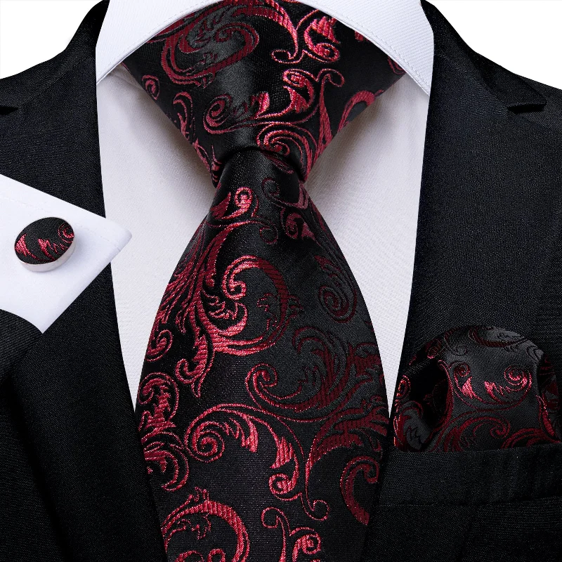 Slim fit men's tie-Black Claret Floral Men's Tie Pocket Square Handkerchief Set