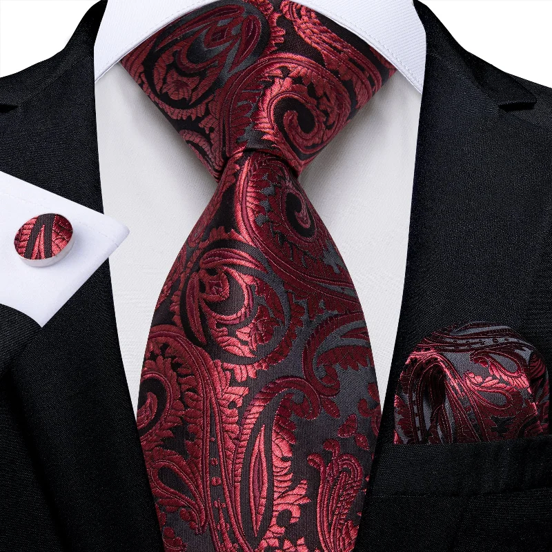 Men's slim tie-Black Claret Floral Men's Tie Pocket Square Handkerchief Set