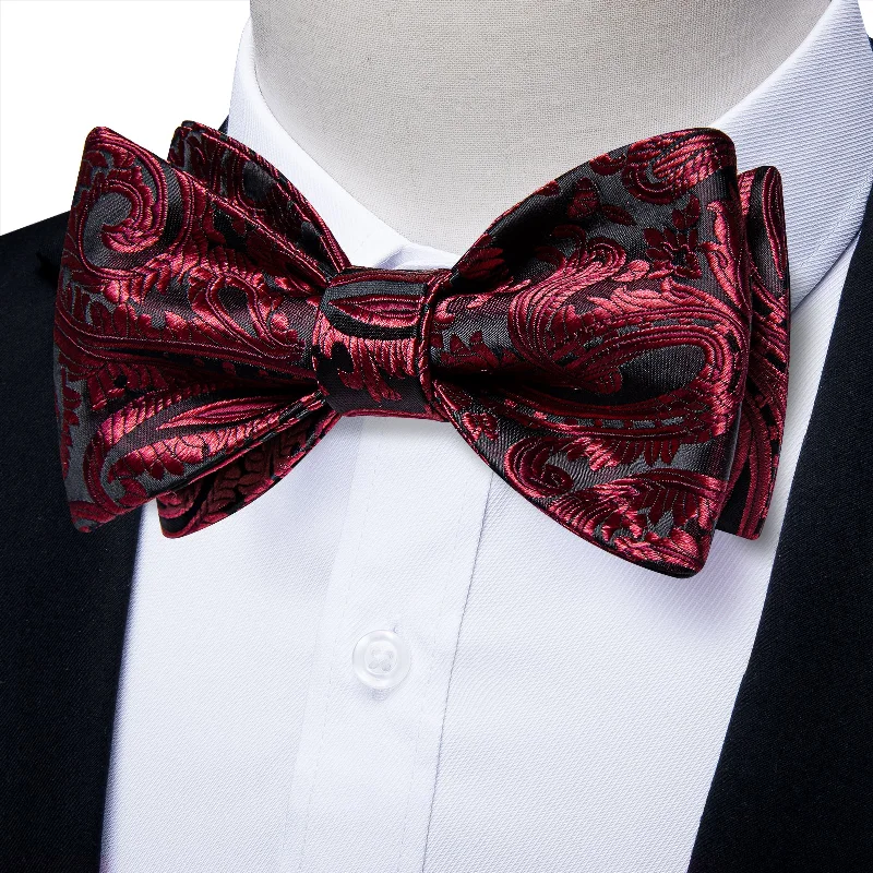 Cool design men's tie-Black Claret Floral Self-Bowtie Pocket Square Cufflinks Set