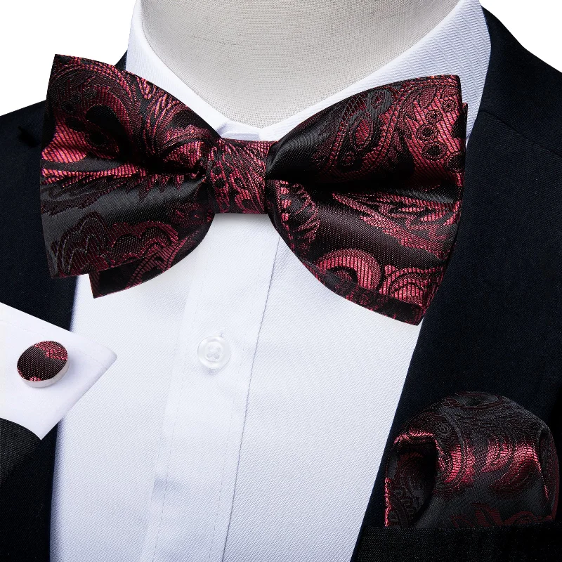 Men's tie with bold geometric design-Black Claret Floral Silk Men's Pre-Bowtie Pocket Square Cufflinks Set