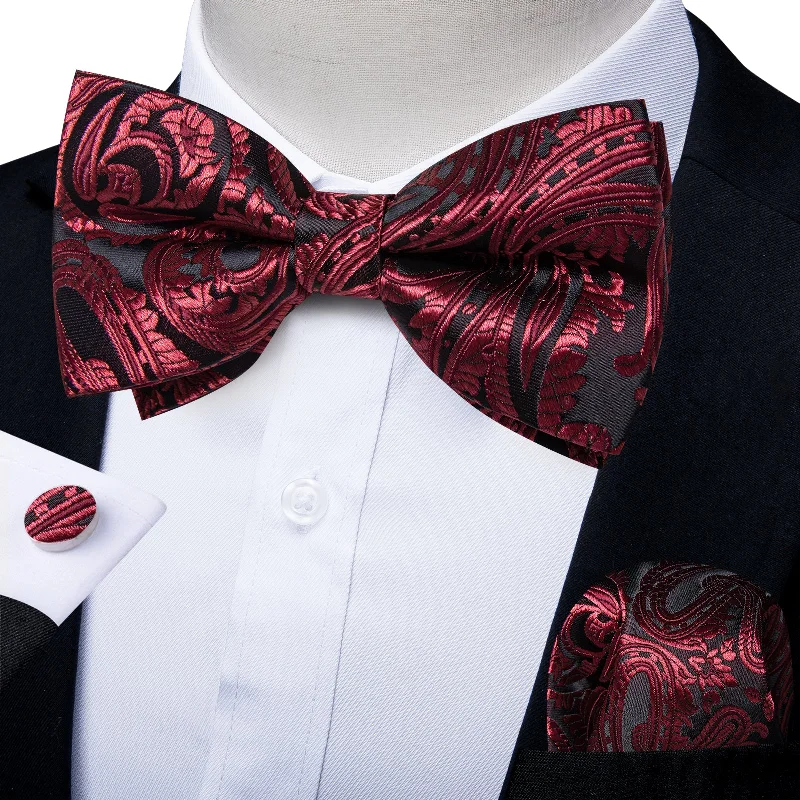 Men's premium silk tie-Black Claret Floral Silk Men's Pre-Bowtie Pocket Square Cufflinks Set