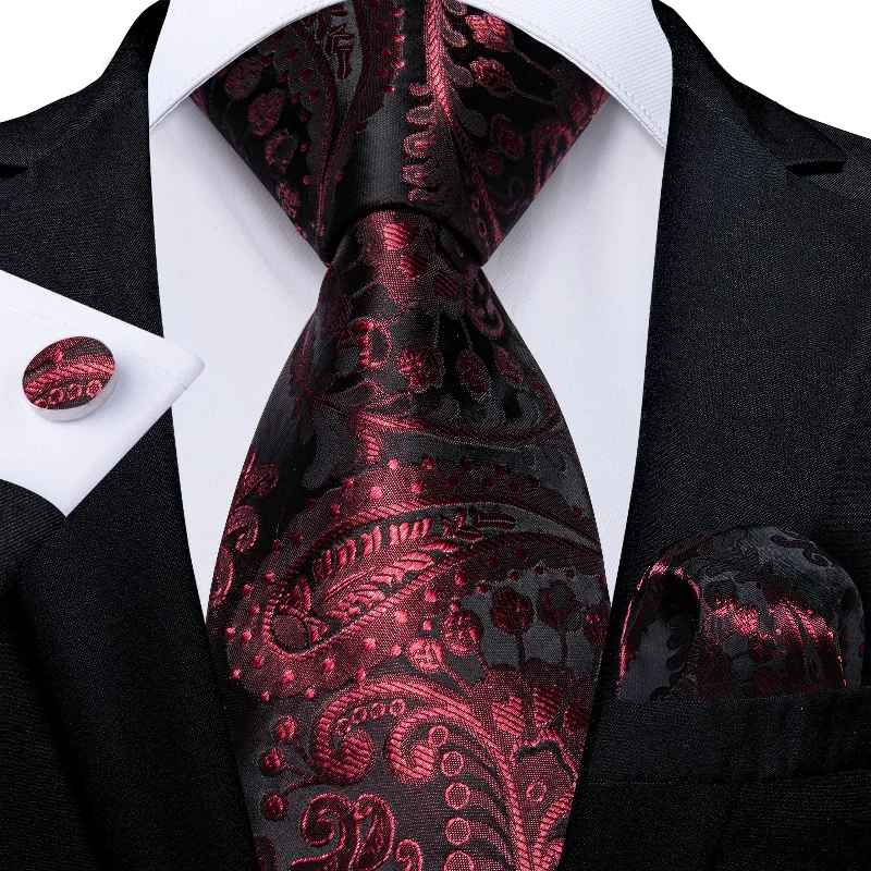 Men's tie with floral embroidery-Black Claret Paisley Ties Necktie