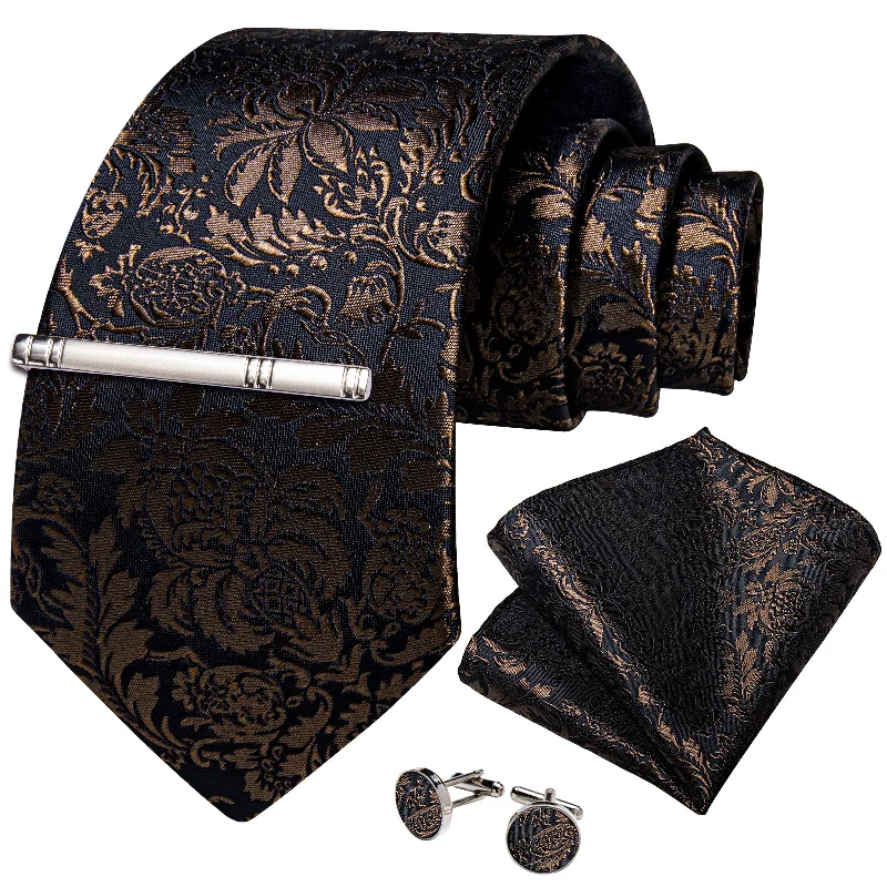 Luxury necktie for men-Black Dark Golden Floral Men's Tie Handkerchief Cufflinks Clip Set