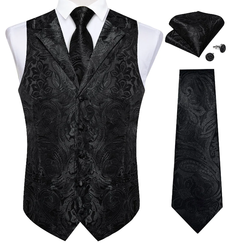 Men's tie for Christmas party-Black Floral Jacquard V Neck Waistcoat Vest Tie Handkerchief Cufflinks Set