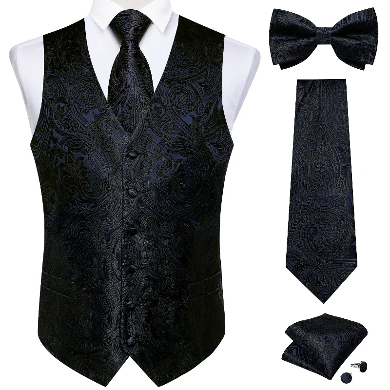 Best men's tie for casual Friday-Black Floral Jacquard Vest Neck Bow Tie Handkerchief Cufflinks Set