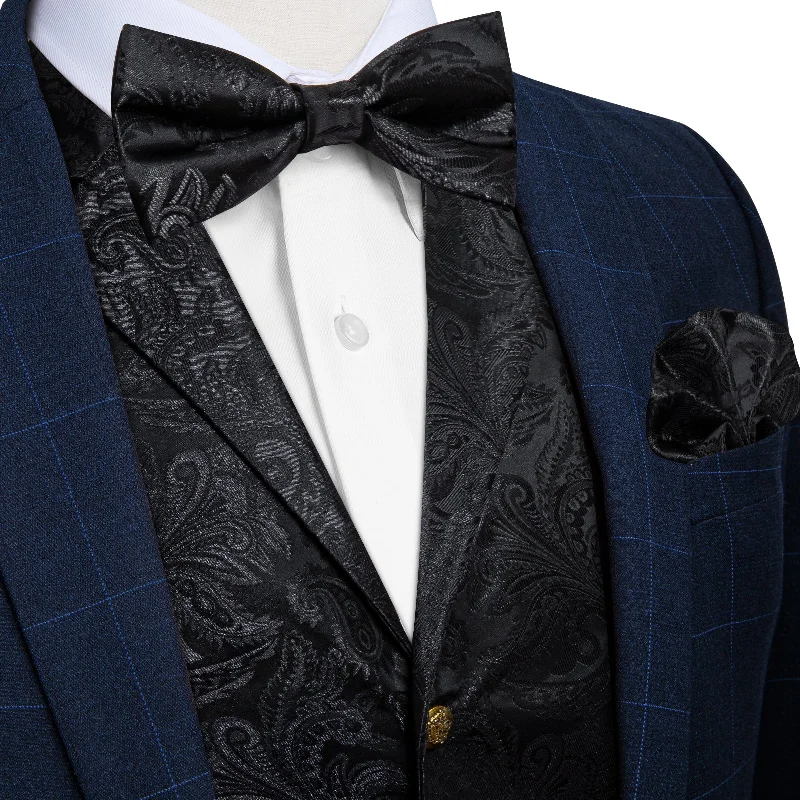 Men's tie with a touch of gold-Black Floral Jacquard Waistcoat Vest BowTie Handkerchief Cufflinks Set