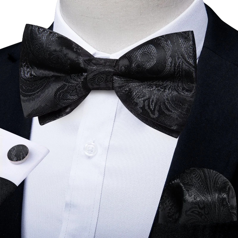 Men's tie with delicate stripes-Black Floral Men's Pre-Bowtie Square Handkerchief Cufflinks Set