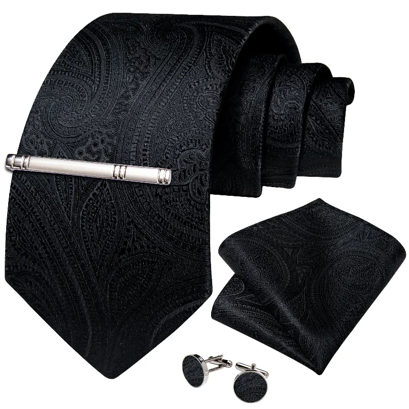 Luxury necktie for men-Black Floral Men's Tie Handkerchief Cufflinks Clip Set