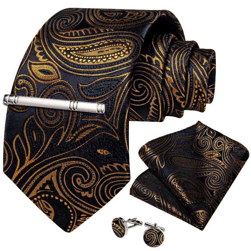 Men's tie for winter wedding-Black Goden Floral Men's Tie Handkerchief Cufflinks Clip Set