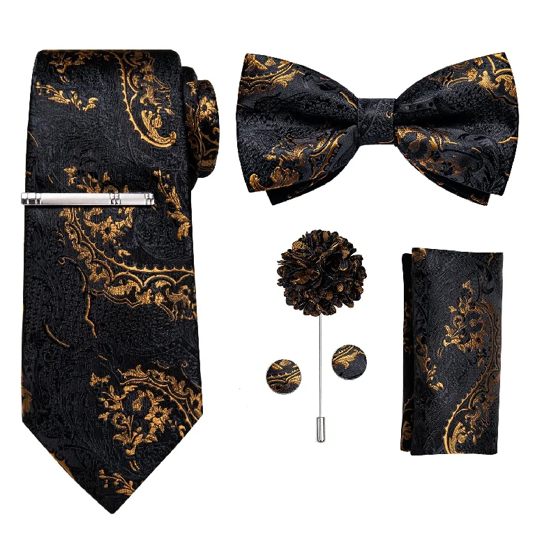 Classic men's necktie-Black Golden Floral Bowtie Necktie  Hanky Cufflinks Brooch Clip Set