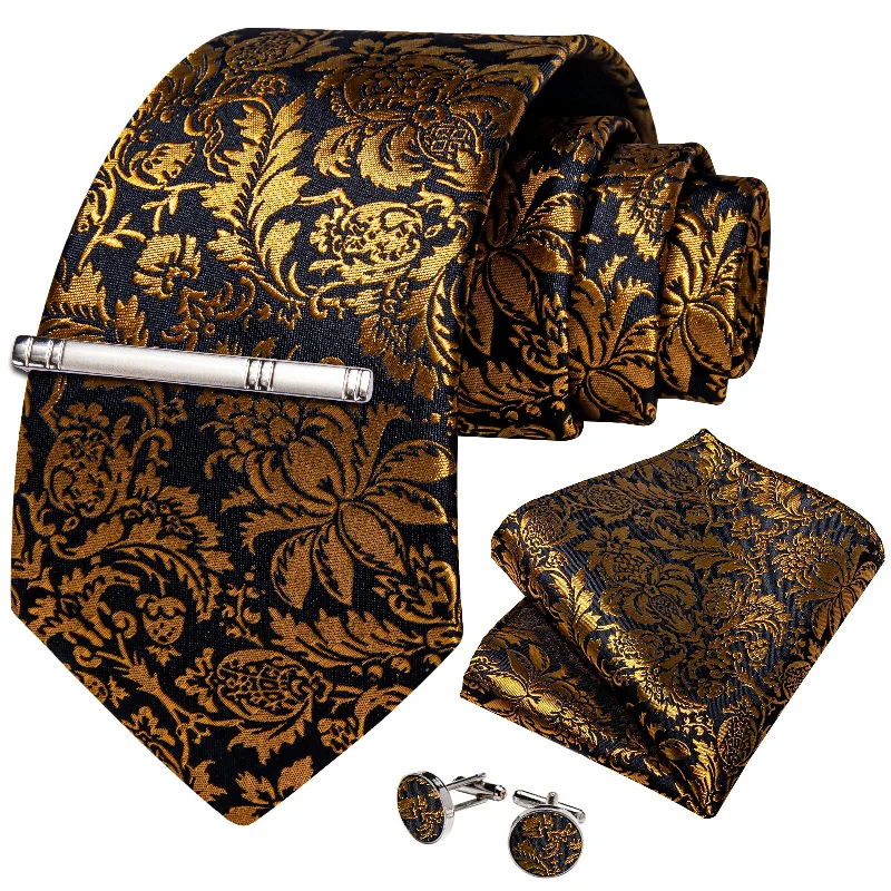 Men's tie with a subtle design-Black Golden Floral Men's Tie Handkerchief Cufflinks Clip Set